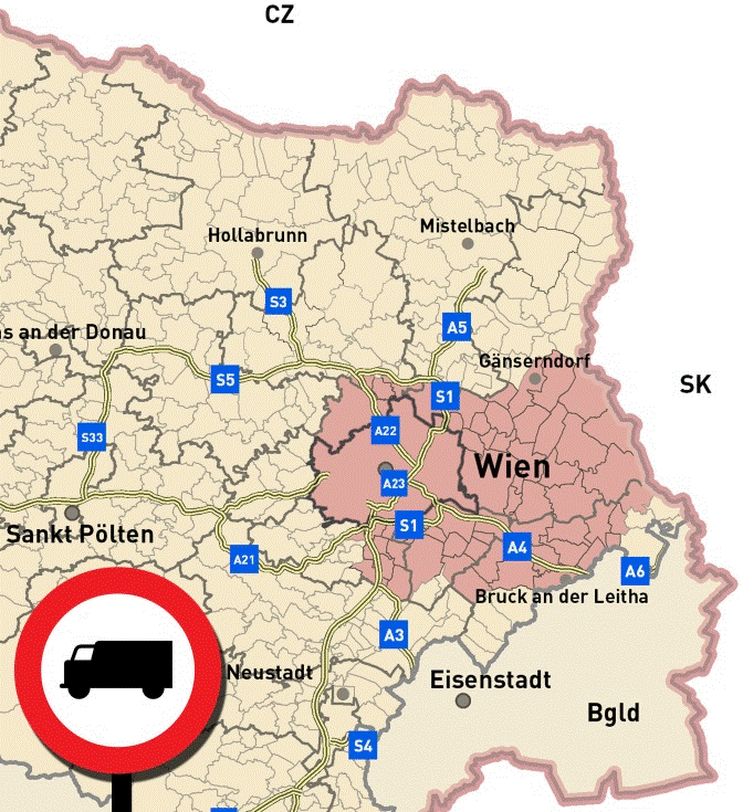 obr. 5 – orientační mapa nízkoemisní zóny – Vídeň a Dolní Rakousko